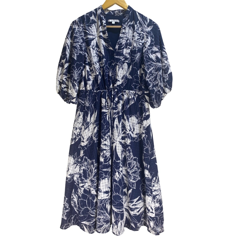 Studio One New York Navy White Floral Gingham Midi Dress Puff Sleeve Small‎